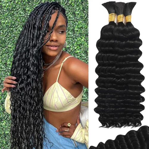 Human Braiding Hair for Boho Braids 20inch Curly Wave Bulk Bundles 1B (A)1B