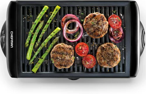 Chefman Parrilla eléctrica para interiores sin humo con superficie de cocción antiadherente y perilla de temperatura ajustable de cálido a abrasador