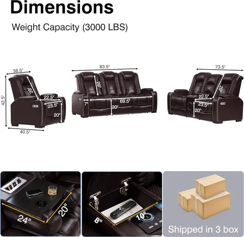 Vista 2 de THSUPER Sofá reclinable de cuero marrón para sala de estar, juegos de muebles con almacenamiento de brazos y reposacabezas eléctrico, juego de sofá