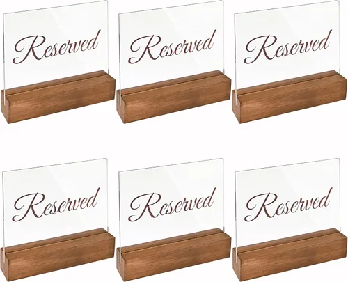 Sparkle Race Letreros de mesa reservados, paquete de 6 letreros acrílicos reservados para bodas con soportes de madera, tarjetero para cenas,