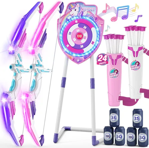 Vista 12 de HYES Arco y flecha para niños, juego de tiro con arco con luz LED con 12 flechas de ventosa, 1 objetivo para colgar, 3 objetivos de puntuación y 1