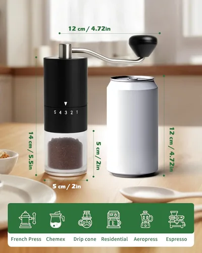 Vista 3 de Molinillo de café manual con rebabas de cerámica para expreso, prensa francesa, 5 ajustes ajustables, molinillo de café de mano, para uso doméstico