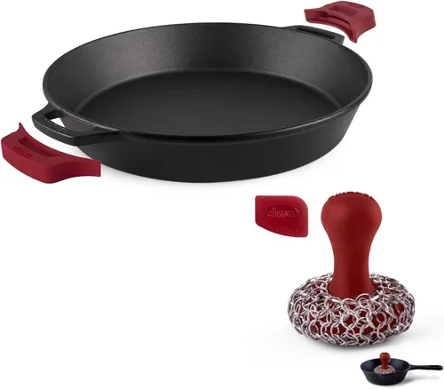 Vista 16 de Sartén de hierro fundido + Juego de tapa de hierro fundido – Sartenes de 8"+10"+12" de doble mango + raspador de sartén + fundas de soporte de mango