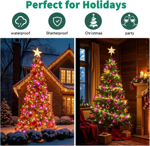 Vista 7 de Luces de cadena navideñas mini de 100 unidades en morado y verde, con certificación UL, equipadas con 8 modos de iluminación, perfectas para patios