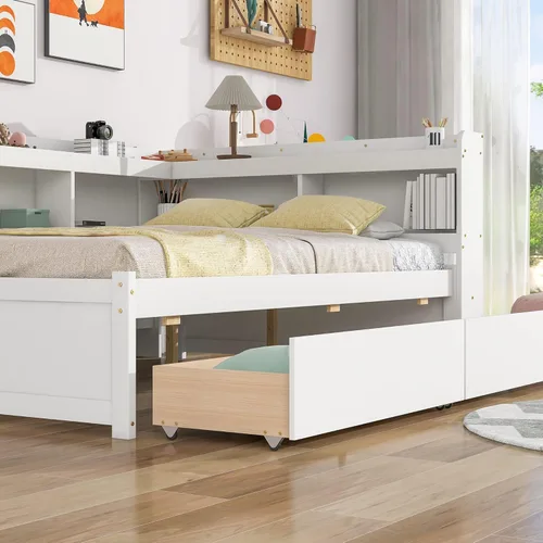 Vista 15 de Quarte Elegante cama de plataforma con estanterías en forma de L, cama de plataforma de madera tamaño individual con 2 cajones de almacenamiento