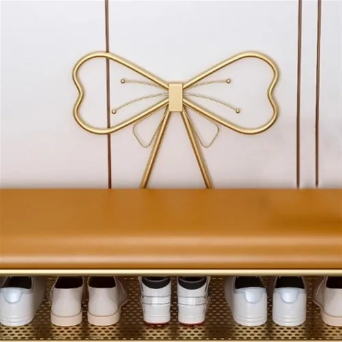 Vista 6 de Shoe Storage 2 Tier Shoe Bench with Gold Metal Frame, Shoe Storage Bench with Padded Seat and Bow Backrest, Fashion Shoe Rack Bench for Entryway Blue