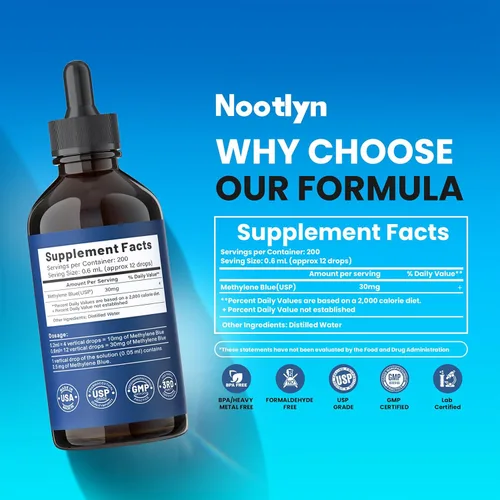 Vista 4 de Gotas de azul de metileno 5%, 99.99% Pureza USP Solución de grado farmacéutico para humanos, sin formaldehído y sin alcohol, 4.06 OZ FL