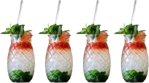Tiki - Vasos de bebida de 17 onzas de piña para cócteles, 4 piezas, transparentes, estilo tropical, novedosos, estilo hawaiano, moderno juego de