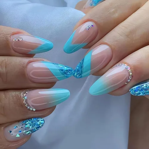 Vista 14 de IMSOHOT Uñas postizas a presión medianas de almendra, sol dorado, luna, patrón de corazón, uñas adhesivas de cobertura completa, brillantes