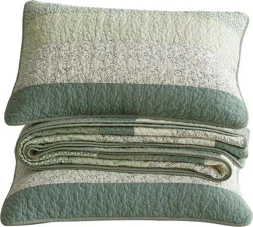 Vista 7 de Chezmoi Collection Reed - Juego de edredón elegante de 2 piezas, diseño floral verde, colcha reversible ligera de algodón prelavado
