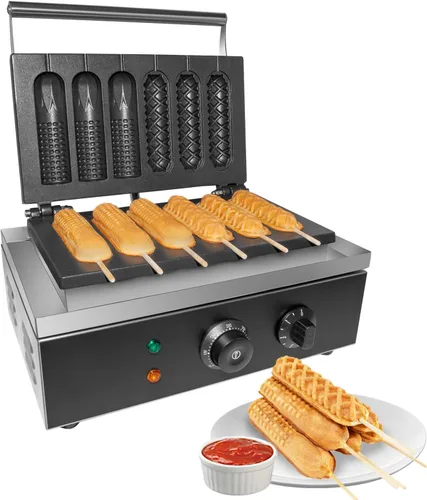 Máquina de gofres de maíz para uso comercial | gofres para perros calientes en un palo | Acero inoxidable | 110 V (3+3 piezas)