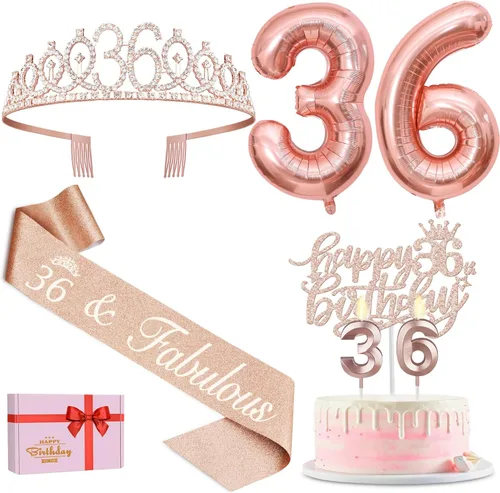 Vista 13 de Decoraciones de cumpleaños número 17 para niña, incluyendo tiara y banda de cumpleaños de 17, decoración para pastel y velas, globos de números