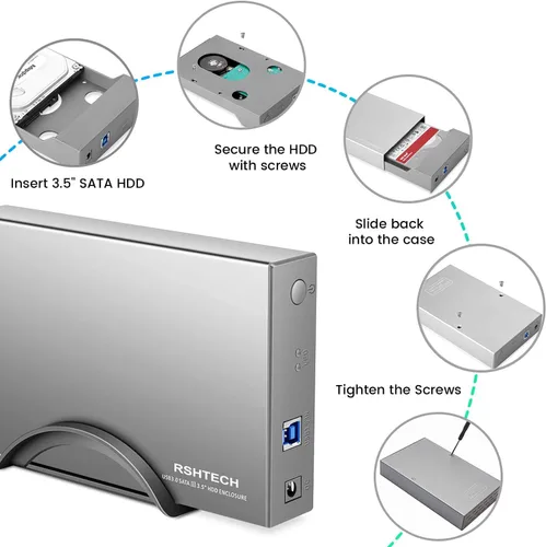 Vista 6 de Carcasa para disco duro RSHTECH USB 3.0 a SATA de aluminio para disco duro externo de 3.5 pulgadas HDD SSD hasta 16TB, soporte UASP (RSH-339)