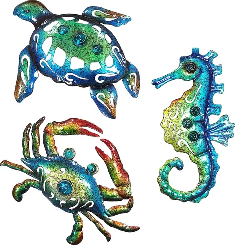 Vista 11 de Decoración de pared de peces de metal, juego de 3 piezas de pez espada de atún Marlin, tema tropical azul y dorado, decoración para el día