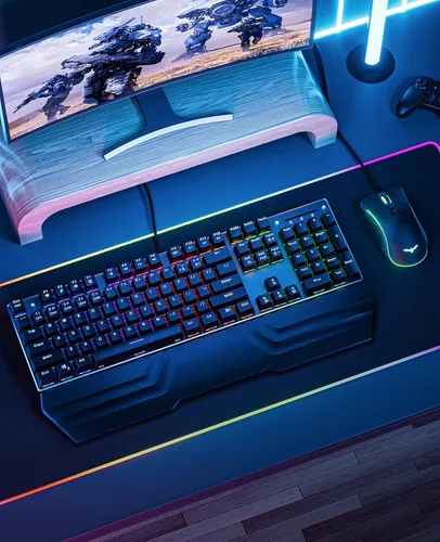 Vista 6 de havit Combo de teclado mecánico y mouse RGB para juegos de 104 teclas interruptores azules teclados USB con cable con reposamuñecas desmontable