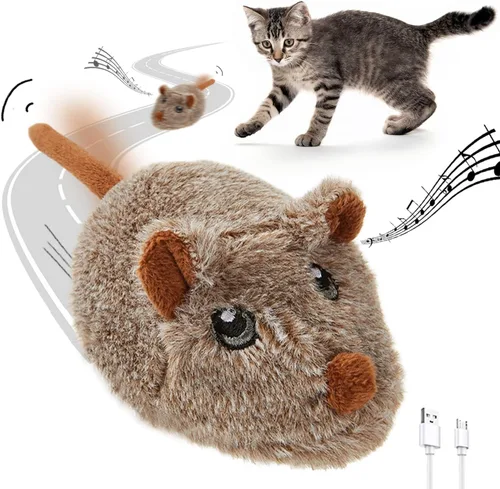 Vista 6 de Cat Toys - Ratón móvil recargable chirriante con cola mágica dinámica, mouse de juego automático interactivo para gatos de interior, juguetes Gris