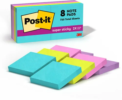 Post-it Super Sticky Notes, 8 Sticky Note Pads, 1.875 x 1.875 in., Ideal for Organization in Your Dorm, Home or Office, 2X The Sticking Power,