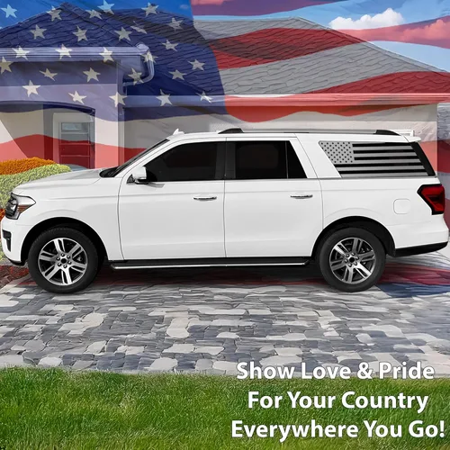 Vista 2 de BOGAR TECH DESIGNS Calcomanía de vinilo precortada con bandera estadounidense para ventana de un cuarto compatible con Ford Expedition MAX Negro