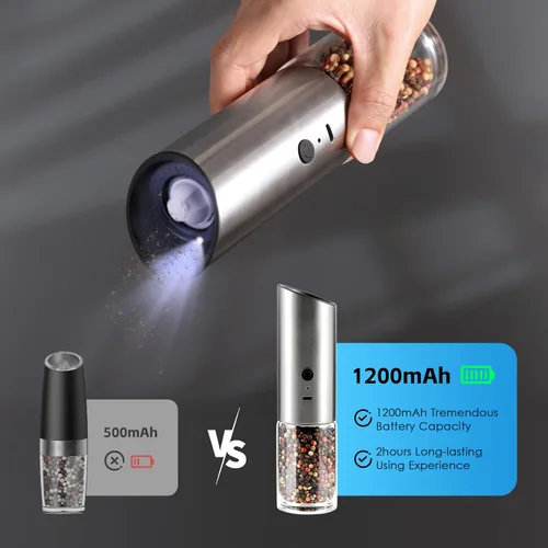 Vista 2 de Vzaahu Gravity - Molinillo eléctrico de pimienta y sal - Juego de 2 molinillo de sal y pimienta recargable de acero inoxidable con luz LED, plateado
