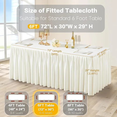 Vista 37 de Manteles de poliéster negro para mesas rectangulares de 4 pies, cubierta de mesa ajustada sin arrugas con falda de mesa plisada con volantes
