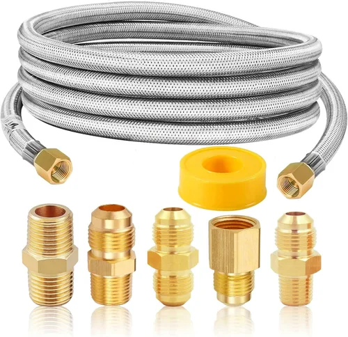 MCAMPAS Kit de extensión de manguera de propano 5 en 1, manguera trenzada de alta presión de 10 pies con destello de 3/8 ″ a NPT hembra de 1/2 ″ y