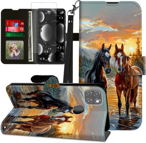 Vista 222 de Funda para Motorola Edge 2022 con protector de pantalla, soporte y tarjetero y correa para la muñeca, funda magnética para Moto Edge 2022 5G UW Lobo