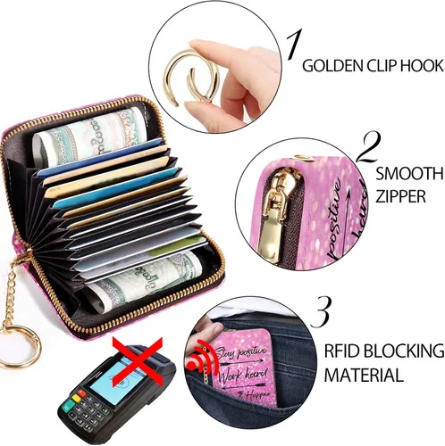 Vista 5 de Yonlevres Tarjetero RFID para tarjetas de crédito, cartera pequeña para mujer con llavero con cremallera, divertido estampado de cuero para tarjetas