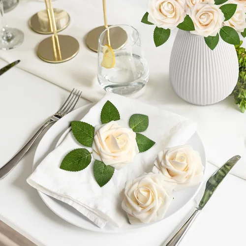 Vista 2 de Mocoosy 50 rosas artificiales de color blanco crema, rosas falsas para decoración, rosa de espuma beige de tacto real a granel con tallo