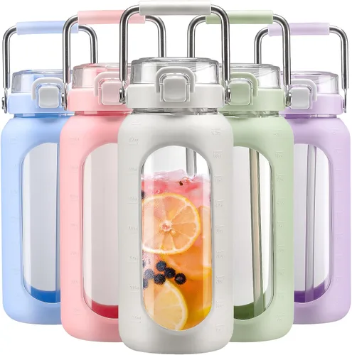 Vista 23 de BLUEGO Botella de agua de vidrio de 64 onzas con mango de acero inoxidable, botella de agua grande con marcadores de tiempo y funda de silicona