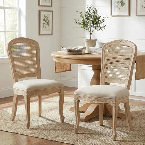 Vista 20 de Juego de 2 sillas de comedor de cuero estilo granja con respaldo redondo de ratán para comedor, sala de estar, restaurante, cocina, color marrón