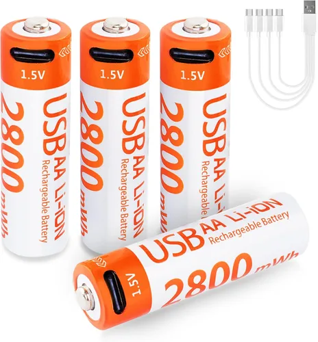 Baterías de litio AA recargables, paquete de 4 baterías AA de iones de litio de 1.5 V 2800 mWh, 1000 ciclos de iones de litio doble A con cable