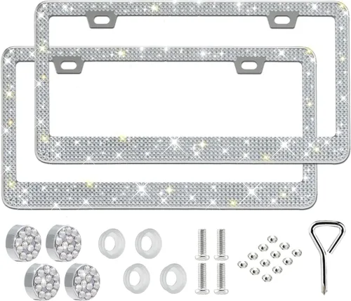 Vista 6 de RunOne Juego de 2 marcos de matrícula brillante para mujer, soporte de matrícula de acero inoxidable con imitación de diamantes, accesorios