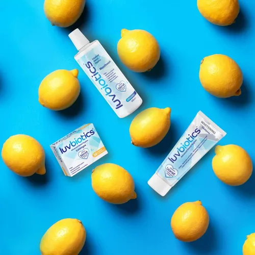 Vista 6 de Luv Biotics Pastillas probióticas de limón con xilitol y aloe vera para el mal aliento, halitosis, salud de las encías, boca seca y cuidado bucal