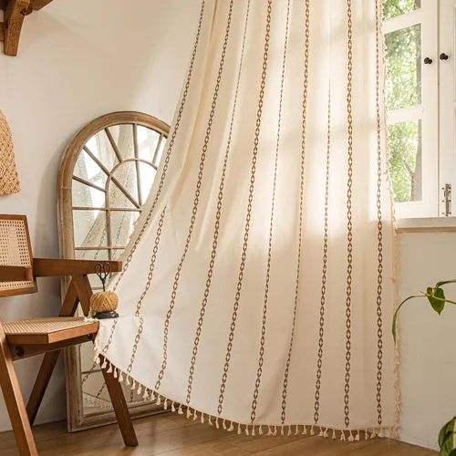 Vista 13 de Sutuo Home Cortinas de puerta francesa para puerta de patio, cortinas de lino semiopacas bohemias con borlas, tiras de granja a cuadros, decoración