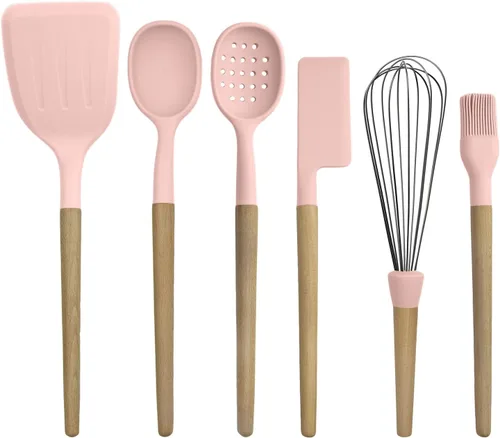 Vista 23 de Country Kitchen Juego de utensilios de silicona antiadherente con asas redondeadas de madera para cocinar y hornear, juego de 8 piezas, caqui