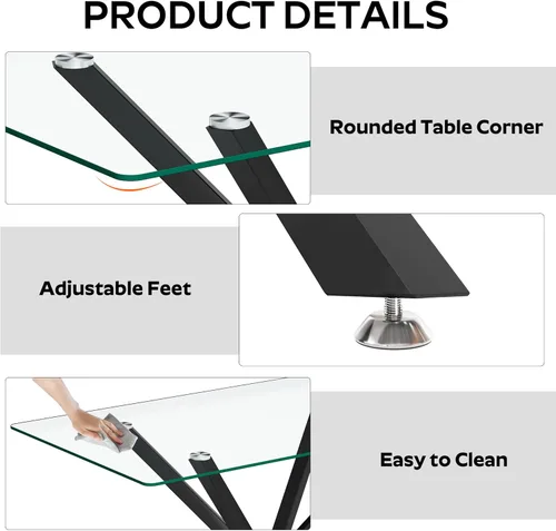 Vista 6 de Juego de comedor moderno de cristal de lujo de 5 piezas, juego de comedor rectangular minimalista para 4, juego de mesa de cocina de vidrio