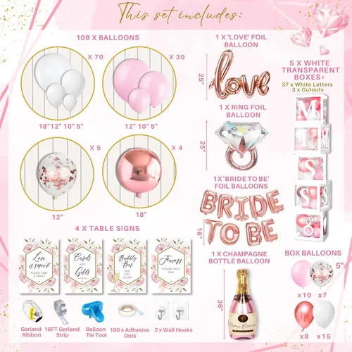 Vista 2 de 188 piezas de decoraciones rosas para despedida de soltera - Incluye arco de globos y cajas con letras de la A a la Z y más - Decoraciones