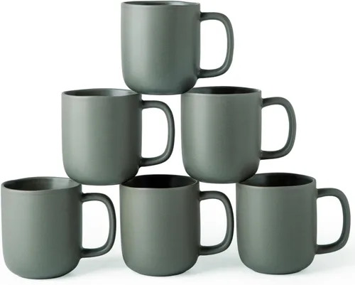 Vista 9 de AmorArc Juego de 6 tazas de café de 14 onzas, tazas de café de cerámica con mango grande y borde ondulado para café con leche, chocolate caliente