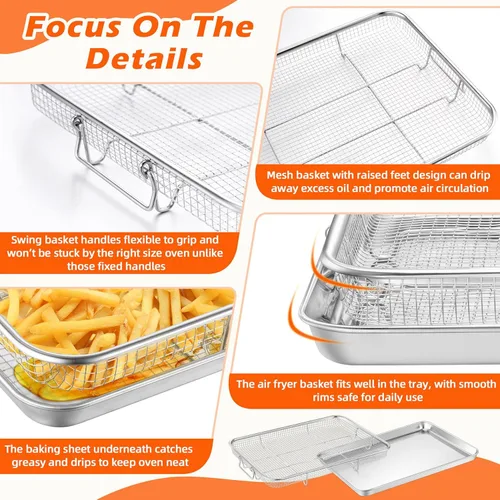Vista 3 de TeamFar Cesta para freidora de aire para horno, cesta y bandeja de freidora de aire de acero inoxidable de 16 x 12 pulgadas, rejilla para freidora