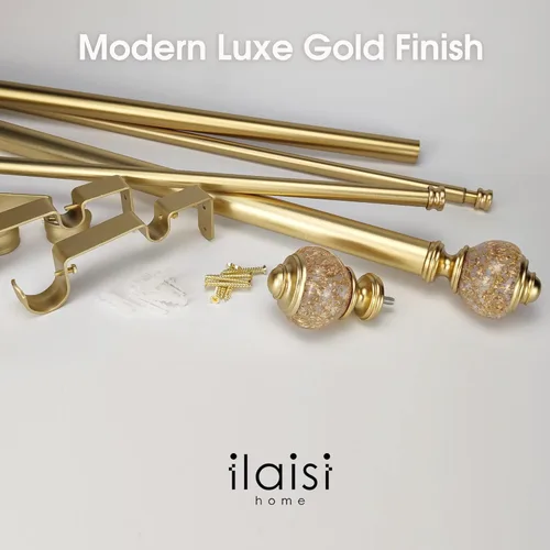 Vista 5 de Juego de barras de cortina dobles: barras de cortina doradas de lujo de 1-1/8 pulgadas de diámetro, barra de cortina ajustable de 36 a 72 pulgadas