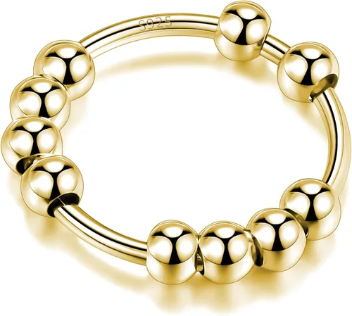 LOVECOM 925 Sterling Silver Anxiety Fidget with Beads Rings for Anxiety Spinner Ring for Women Men 14K Gold Plated Stress Relief Spinning Ring