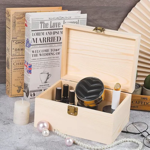 Vista 5 de Paquete de 2 cajas de madera sin terminar, caja grande de madera con tapa con bisagras, cierres frontales, cajas de madera natural