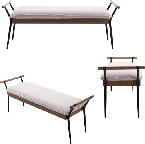 Vista 4 de DUOMAY Banco Otomano Rectangular Moderno con Brazos y Patas de Metal, Banco de Mesa de Comedor de PU de Mediados de Siglo, Reposapiés, Banco