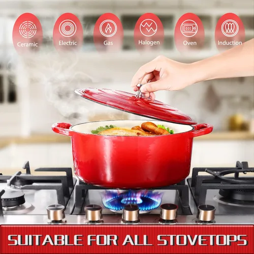 Vista 7 de Horno holandés esmaltado de hierro fundido con asas de bucle, horno holandés cubierto, olla esmaltada con tapa, rojo