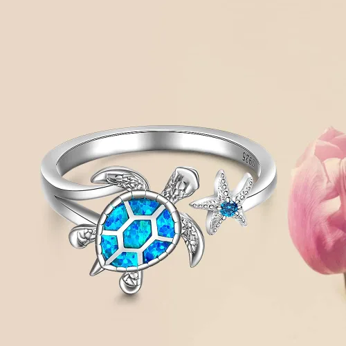 Vista 9 de Fenthring Anillo de tortuga de plata de ley con estrella de mar, ópalo azul, banda ajustable, joyería de tortuga marina, regalos de longevidad