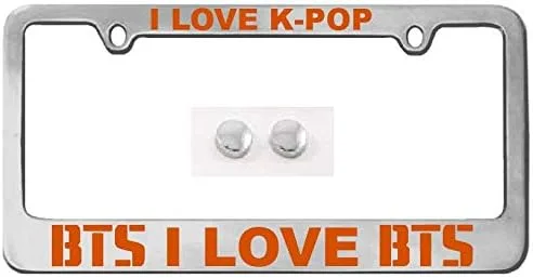 Vista 6 de Marco de matrícula personalizado "I Love BTS/K-POP, plateado, cromado + calcomanía BTS (mismo color) cromo brillante/ajuste universal (negro)