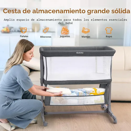 Vista 4 de Ezebaby Cuna junto a la cama para bebé, moisés portátil junto a la cama para recién nacidos con ruedas, cesta de almacenamiento, ajustable a 7