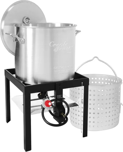 Creole Feast SBK0601 - Olla de 60 Qt. para hervir mariscos con cesta y quemador, caldera de propano de aluminio para exteriores con regulador de 10