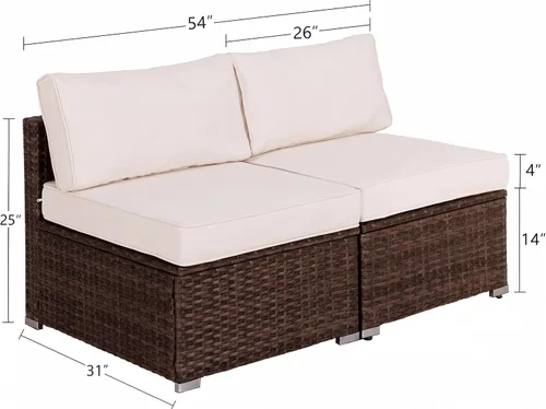 Vista 3 de COSIEST Juego de 2 sillas complementarias sin brazos para muebles de exterior para expandir sofá seccional de mimbre marrón chocolate con cojines