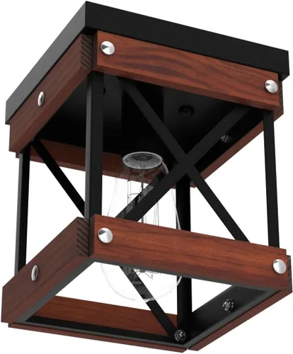 Vista 4 de Fivess Lighting Lámpara de techo rústica de montaje empotrado, 1 luz de metal y madera, mini lámpara de montaje semiempotrado para pasillo, cocina